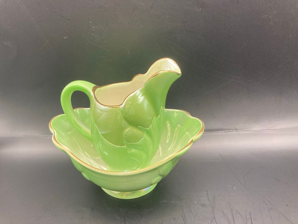 Vintage Maling Pottery Green Lusterware Gold Rim Cream Jug & Sugar Bowl Set